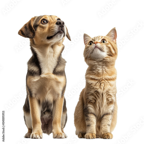 Dog and cat sitting together and looking upwards
