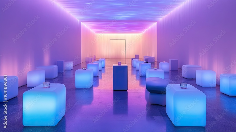 Obraz premium A stylish room bathed in neon purple and blue lights, creating an atmospheric feel. The minimalist decor enhances the futuristic ambiance. --chaos