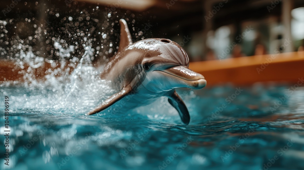 Fototapeta premium A radiant dolphin joyfully leaps from the water, sending droplets flying and reflecting the exuberance and vitality of ocean life in a vibrant aquatic scene.