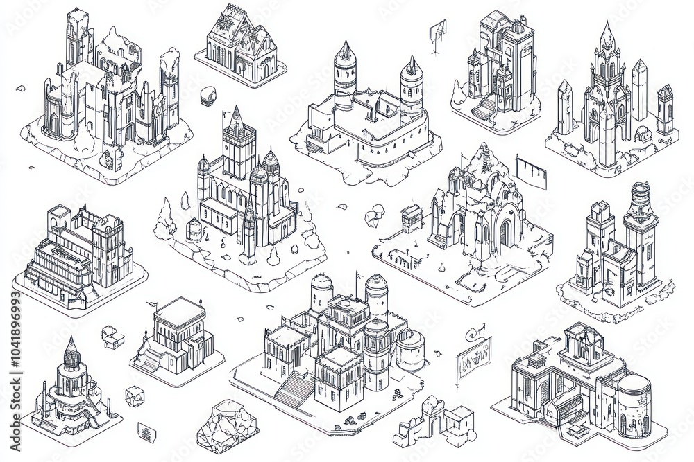 Fototapeta premium Outline fantasy buildings, simple isometric symbols pack for Wonderdraft, black and white line art, plain white background