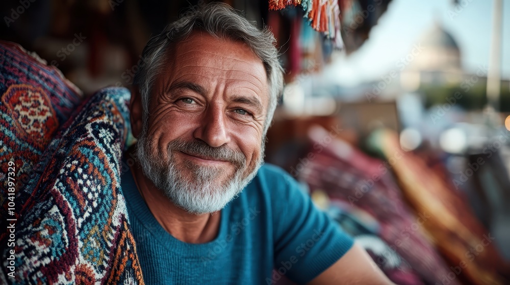 A friendly man in a blue shirt is seen among intricate patterned fabrics, exuding warmth, friendliness, and a sense of cultural richness in a vibrant setting. A friendly man in a blue shirt is seen among intricate patterned fabrics, exuding warmth, friendliness, and a sense of cultural richness in a vibrant setting.
