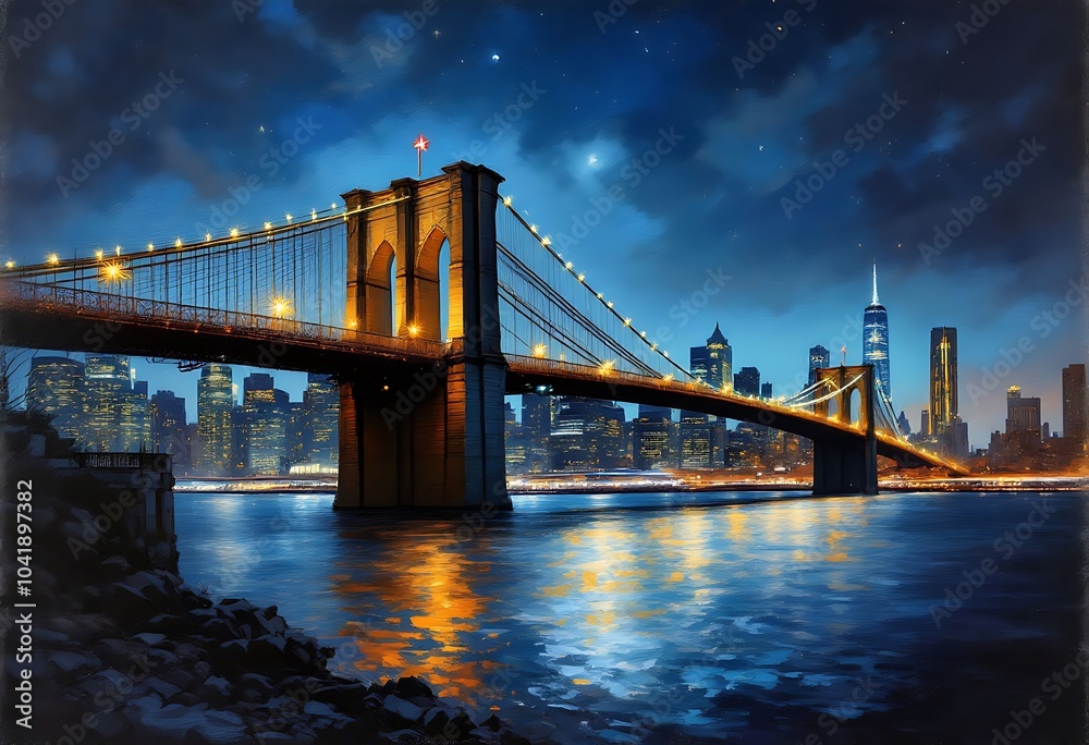 Fototapeta premium Brooklyn Bridge at Night, New York City - Digital Painting