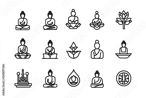 Outline icon set of Buddhism, black line, minimal, white background, ui, ux, design, app, clean fresh design