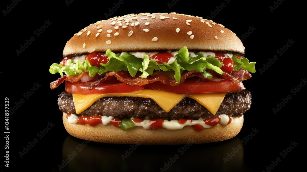 A towering triple beef burger with crispy bacon, cheese, lettuce, and tomato on a brioche bun, placed against a black background. --chaos A towering triple beef burger with crispy bacon, cheese, lettuce, and tomato on a brioche bun, placed against a black background. --chaos