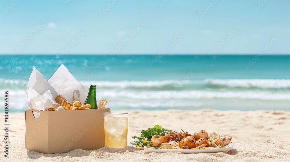 Oceanfront Picnic Paradise: Seafood Feast and Fresh Salads Delivery on Beach with Beautiful Waves and Sand Background