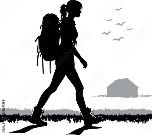 a women is walking in the morning, silhouette vector