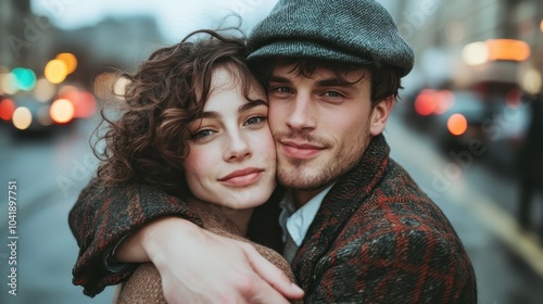 In a lively city street, a stylish couple shares an affectionate embrace, showcasing warmth and love, while adding a flair of fashion and tenderness visually.