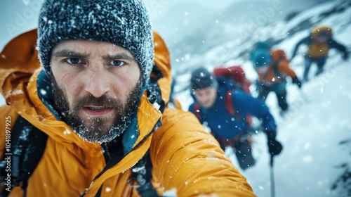 A determined man in a bright yellow jacket leads a group of climbers through a snow-covered mountainous landscape, exemplifying adventure and perseverance amidst nature's beauty.