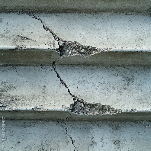 Close-up view of a cracked concrete surface showing signs of aging and weathering. photo