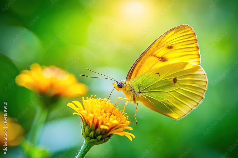 Yellow butterfly feeding on flower with blurred green background Yellow butterfly feeding on flower with blurred green background