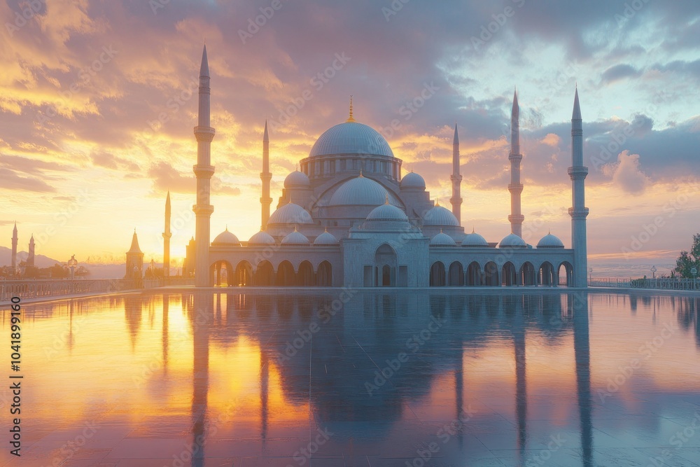 Fototapeta premium Serene Mosque at Sunset with Reflections in Water