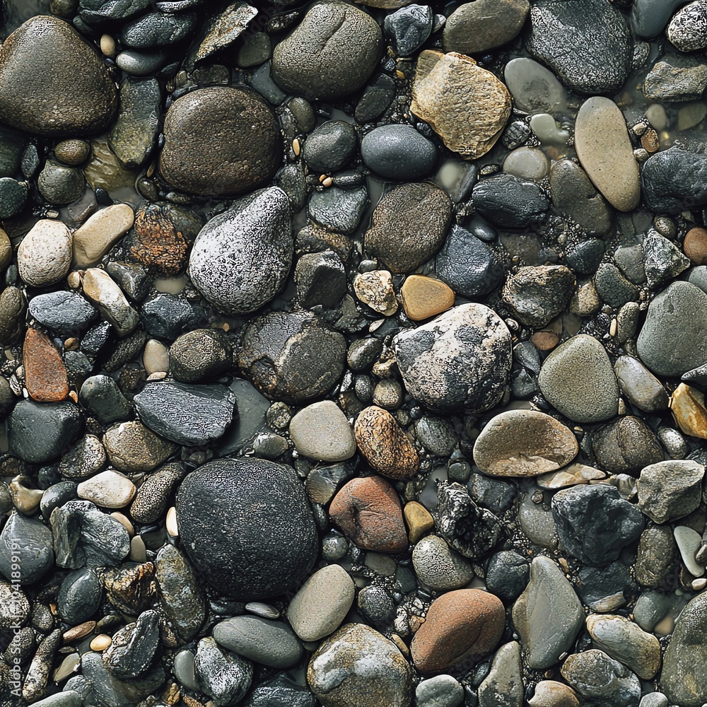 Close-up of a natural pebble stone surface showing various shapes and colors. Close-up of a natural pebble stone surface showing various shapes and colors.