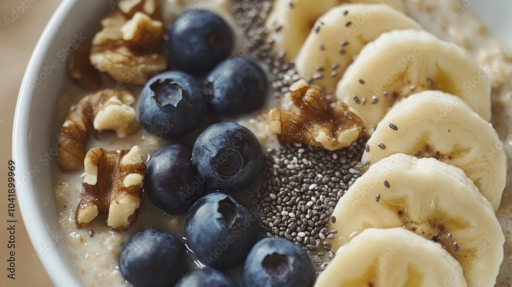 Nutritious oat porridge bowl with bananas, blueberries, walnuts, chia seeds, and almond milk drizzled on top, beautifully presented for a wholesome breakfast experience. Nutritious oat porridge bowl with bananas, blueberries, walnuts, chia seeds, and almond milk drizzled on top, beautifully presented for a wholesome breakfast experience.