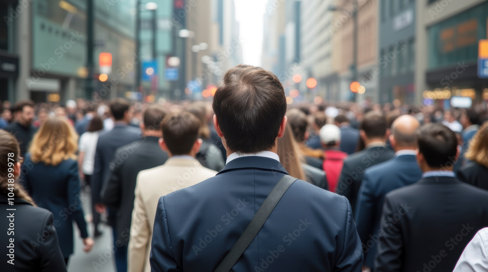 Busy Urban Scene Showing Professionals and Workers Walking Together in a City Setting from Behind Busy Urban Scene Showing Professionals and Workers Walking Together in a City Setting from Behind