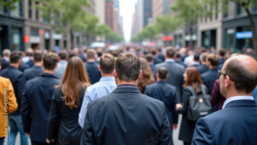 Large Group of People in Various Professional Attire Walking in Bustling City Streets Viewed from Rear