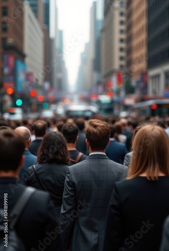 Weekday Morning Commute: Crowd of People in Business Clothes Walking in Urban Cityscape