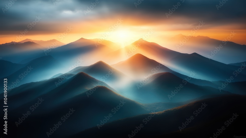 The silhouette of mountain ranges under a dramatic sunrise casts ethereal rays over the landscape, highlighting the majestic beauty and vastness of nature. The silhouette of mountain ranges under a dramatic sunrise casts ethereal rays over the landscape, highlighting the majestic beauty and vastness of nature.
