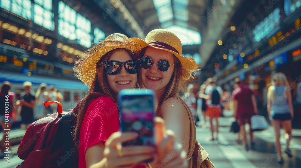 Two young women take a selfie in a bustling train station, both wearing hats and sunglasses. Two young women take a selfie in a bustling train station, both wearing hats and sunglasses.