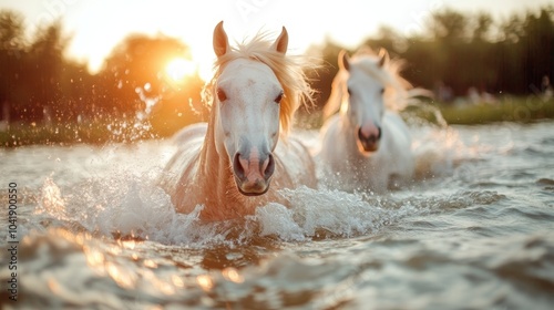 Two powerful white horses majestically navigate through a lively river at dusk, embodying the balance between raw power and serene beauty against a golden sky. photo