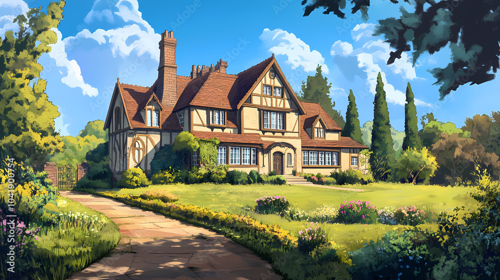 Fototapeta premium A large house with a large garden and a long walkway. Tudor Mansion. Illustration