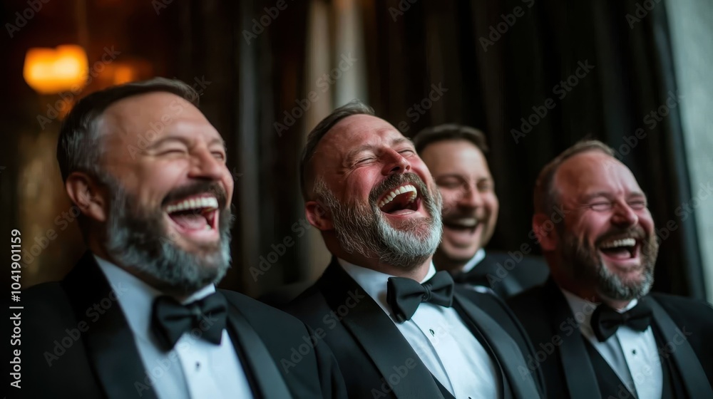 Four gentlemen clad in black tuxedos revel in laughter amidst a formal setting, capturing a timeless moment of shared joy and human connection. Four gentlemen clad in black tuxedos revel in laughter amidst a formal setting, capturing a timeless moment of shared joy and human connection.