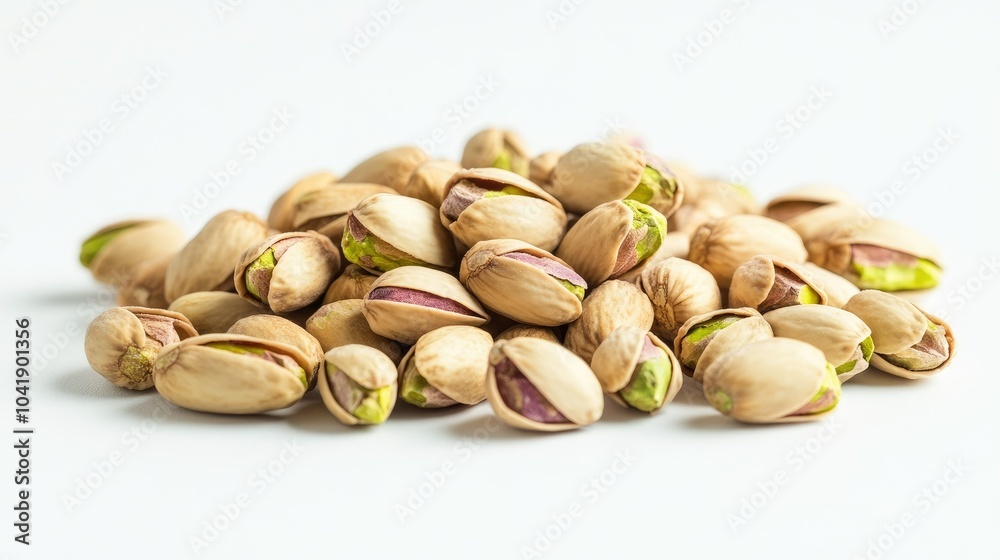 Pile of unshelled pistachios on a clean white background, arranged naturally, emphasizing the organic textures of the nuts Pile of unshelled pistachios on a clean white background, arranged naturally, emphasizing the organic textures of the nuts