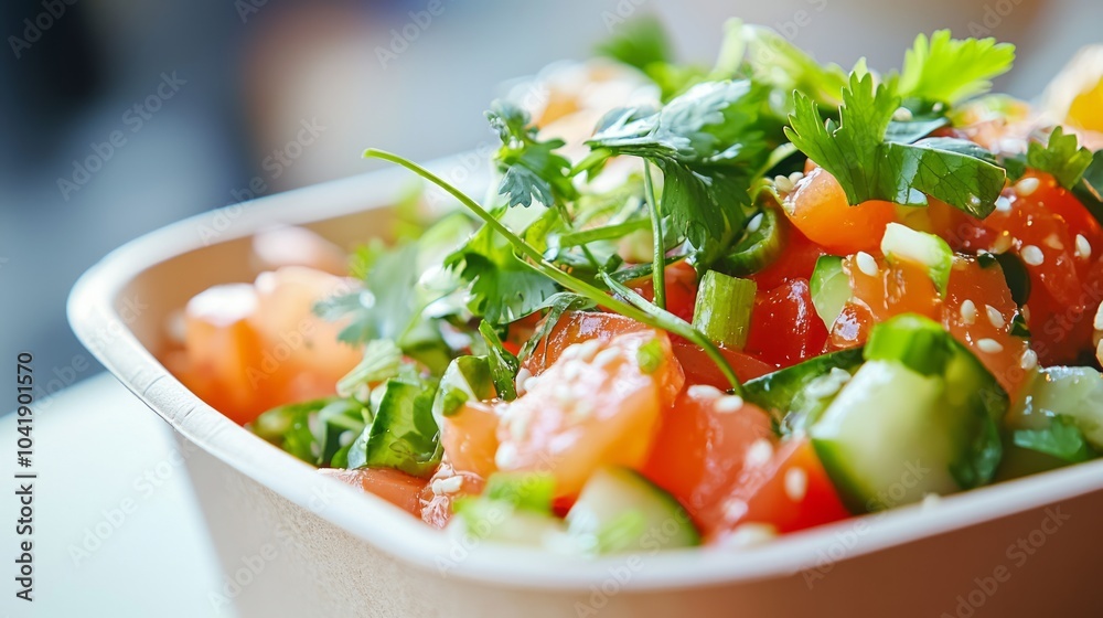 Fresh and Colorful Poke Bowl in Takeout Container - Close-up Food Delivery Concept Fresh and Colorful Poke Bowl in Takeout Container - Close-up Food Delivery Concept