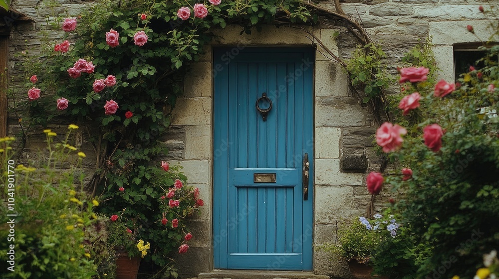 Fototapeta premium Quaint blue door entry framed by roses climbing a weathered stone cottage, creating an inviting and charming countryside scene.