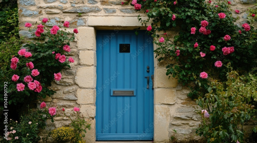 Quaint blue door entry framed by roses climbing a weathered stone cottage, creating an inviting and charming countryside scene. Quaint blue door entry framed by roses climbing a weathered stone cottage, creating an inviting and charming countryside scene.