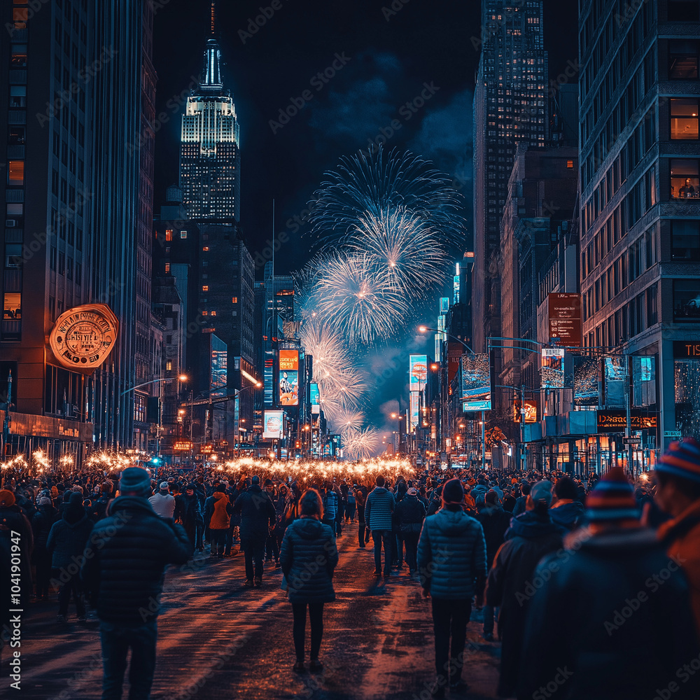 Vibrant New Year's Celebration- Crowds Wearing Party Hats and Sparklers Amid Stunning Fireworks Display Lighting Up the Night Sky Vibrant New Year's Celebration- Crowds Wearing Party Hats and Sparklers Amid Stunning Fireworks Display Lighting Up the Night Sky