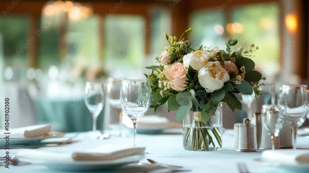 A finely set dining table, adorned with a fresh floral centerpiece and delicately arranged tableware, offers a serene and sophisticated ambiance for gatherings. A finely set dining table, adorned with a fresh floral centerpiece and delicately arranged tableware, offers a serene and sophisticated ambiance for gatherings.