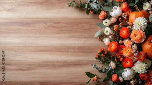 A vibrant arrangement of autumn flowers and small pumpkins, artistically placed on a wooden background, creating a fresh and festive seasonal composition for decoration. photo