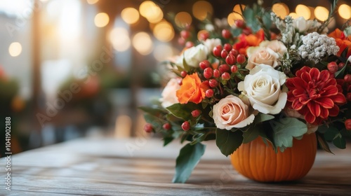 A beautiful collection of autumn flowers and red berries arranged in a pumpkin-shaped vase on a wooden table, depicting warmth and elegance in a festive setting.