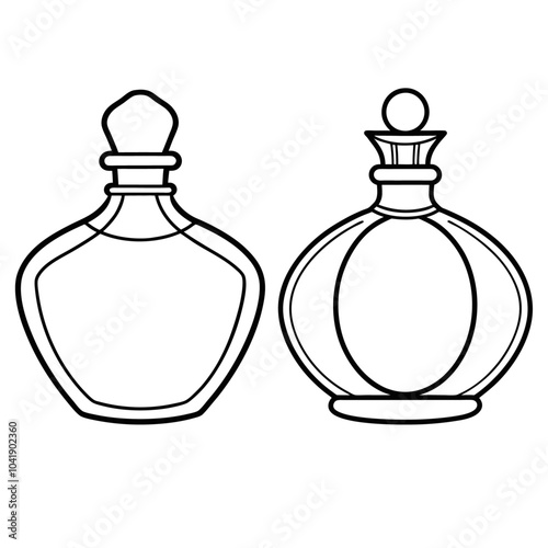 Perfume glass bottle realistic transparent, abstract geometric technical, blank white cosmetic cone shape bottle cap vector illustration