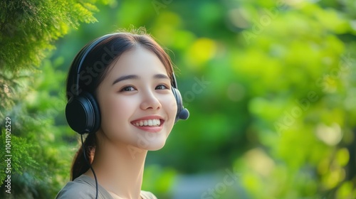 Asian woman engaged in a video call outdoors with headset