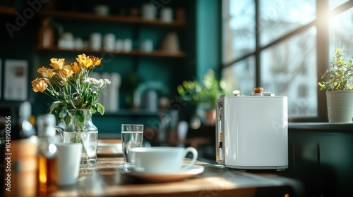 Sunlit kitchen interior featuring a white toaster, fresh flowers in vases, cups, and plates neatly arranged, creating a warm, inviting atmosphere.