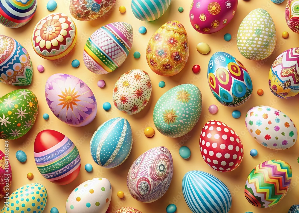 Happy Easter Poster with Colorful Egg Prints and Patterns for Seasonal Celebrations Happy Easter Poster with Colorful Egg Prints and Patterns for Seasonal Celebrations