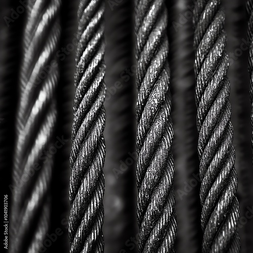 Close-up of steel cables with detailed texture, showcasing industrial strength and durability. photo