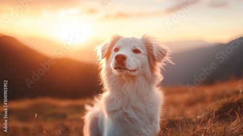 A fluffy white dog sits proudly on a hillside, overlooking a sunset that casts a warm glow over the rolling hills in the background, evoking peace and beauty.