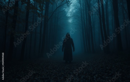 Tense Moment with Hooded Figure in the Forest photo