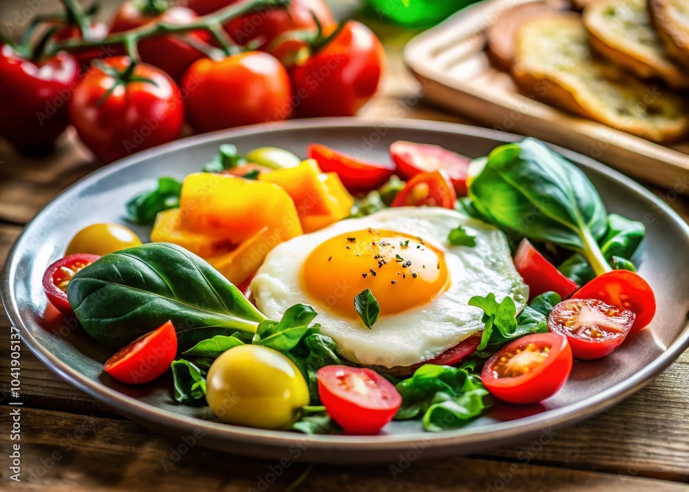 Healthy Breakfast with Fresh Vegetables and Egg - Tilt-Shift Photography for a Vibrant Morning Meal Healthy Breakfast with Fresh Vegetables and Egg - Tilt-Shift Photography for a Vibrant Morning Meal