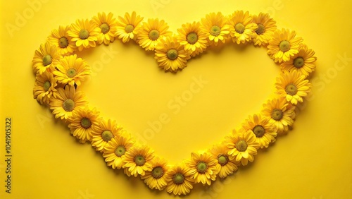 Yellow heart shaped by yellow daisies on yellow background wide-angle