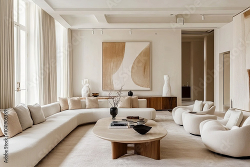Light living room with neutral tones and modern art on the walls