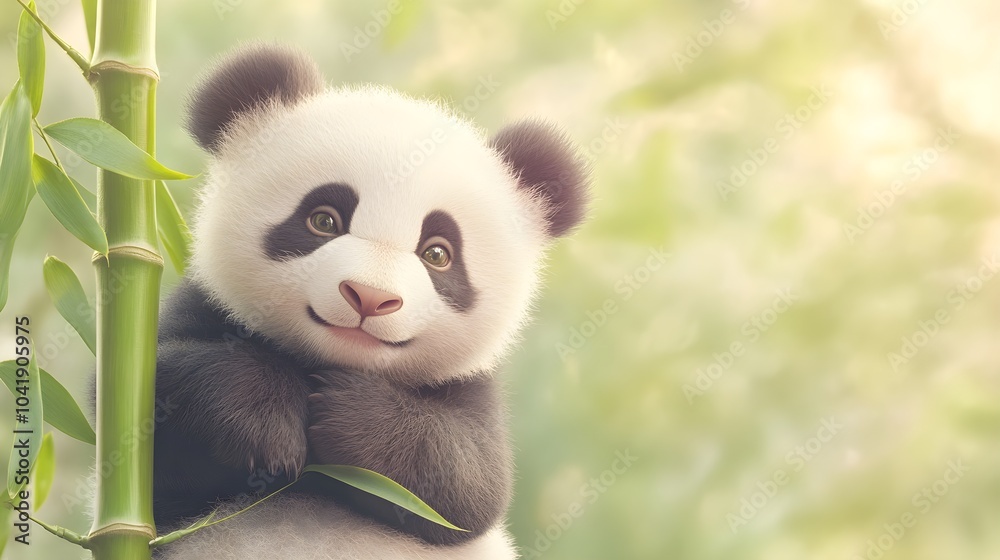 Fototapeta premium Fluffy Baby Panda with Bamboo