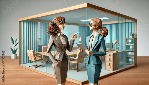 Professional Origami Office Scene with Two Businesswomen Discussing Work Over a Tablet in a Modern Glass Partitioned Workspace