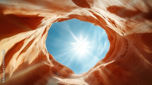 A breathtaking view of a sunlit canyon from within, where golden sandstone walls curve upwards towards a vast, clear blue sky, captured in perfect natural lighting conditions. photo