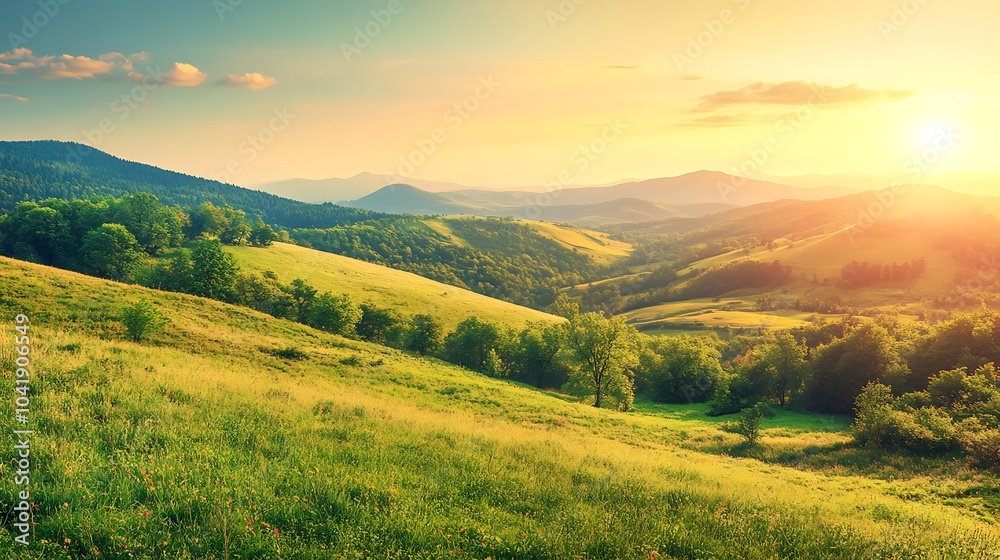 Naklejka premium Majestic sunset in the mountains landscape. Dramatic sky. Carpathian, Ukraine, Europe. Beauty world.