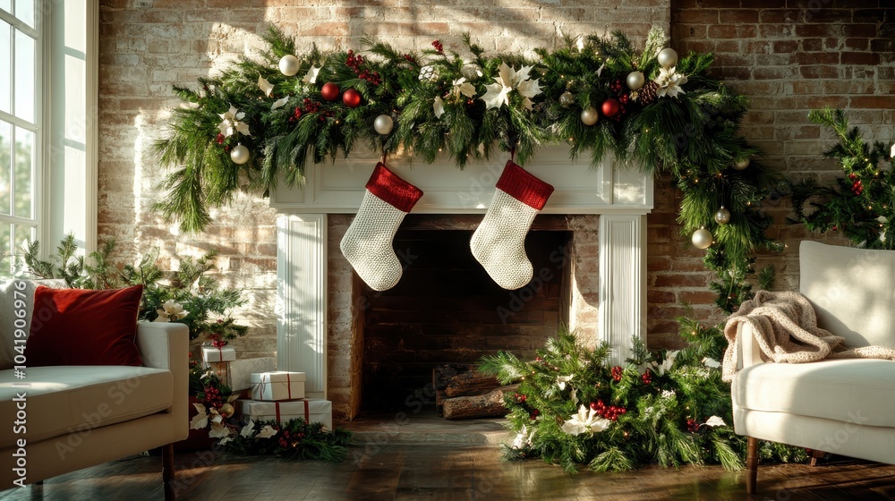 A sophisticated living room showcases a decorated fireplace with stockings and a garland, exuding a cozy and welcoming atmosphere perfect for seasonal celebrations and gatherings. A sophisticated living room showcases a decorated fireplace with stockings and a garland, exuding a cozy and welcoming atmosphere perfect for seasonal celebrations and gatherings.