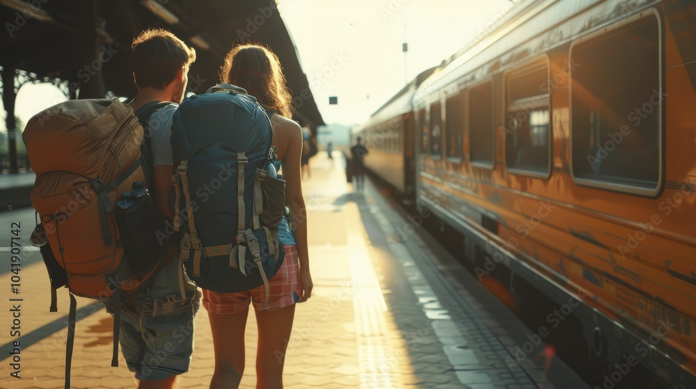custom made wallpaper toronto digitalYoung couple with backpacks at a train station during sunset, ready for adventure.