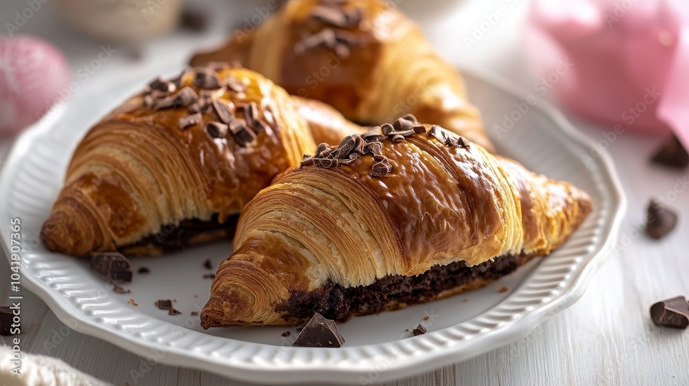 Exquisite Realistic Photograph of Baked Chocolate Croissants on White Background Exquisite Realistic Photograph of Baked Chocolate Croissants on White Background